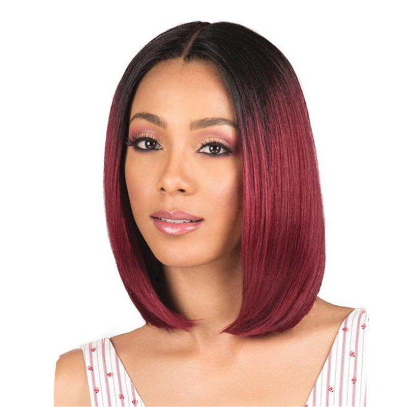 Perruque de cheveux courts noir dégradé vin rouge