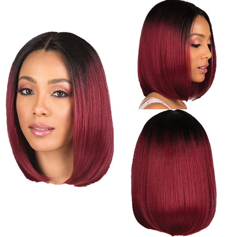 Perruque de cheveux courts noir dégradé vin rouge
